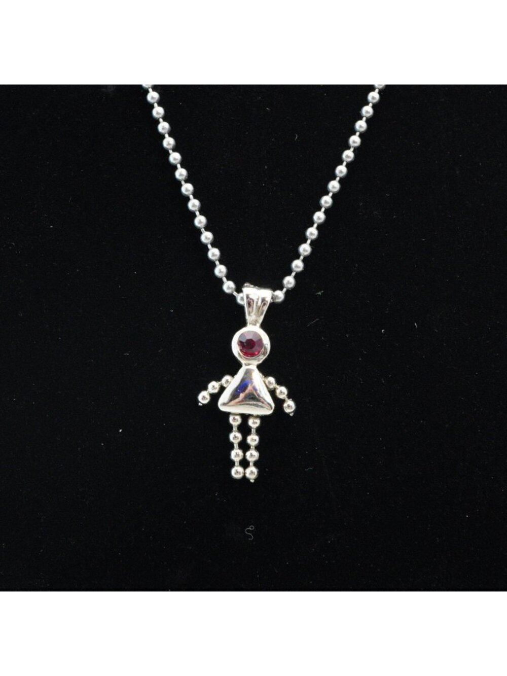 Silver Tone Girl Pendant Necklace Red July Birthstone Ball Chain 28"